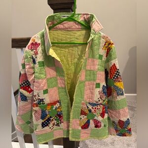 Pink and Green Patchwork Jacket with Floral and Geometric Patterns